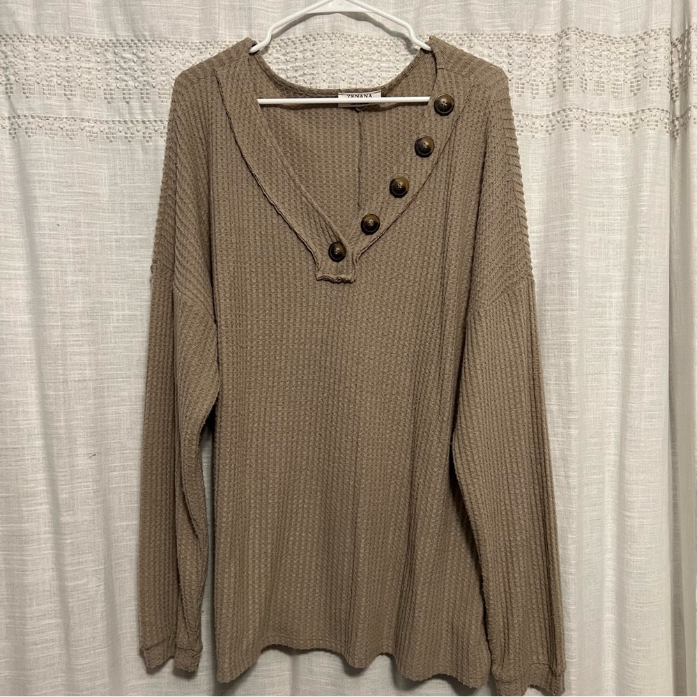 Zenana Beige Waffle Knit Shirt💛